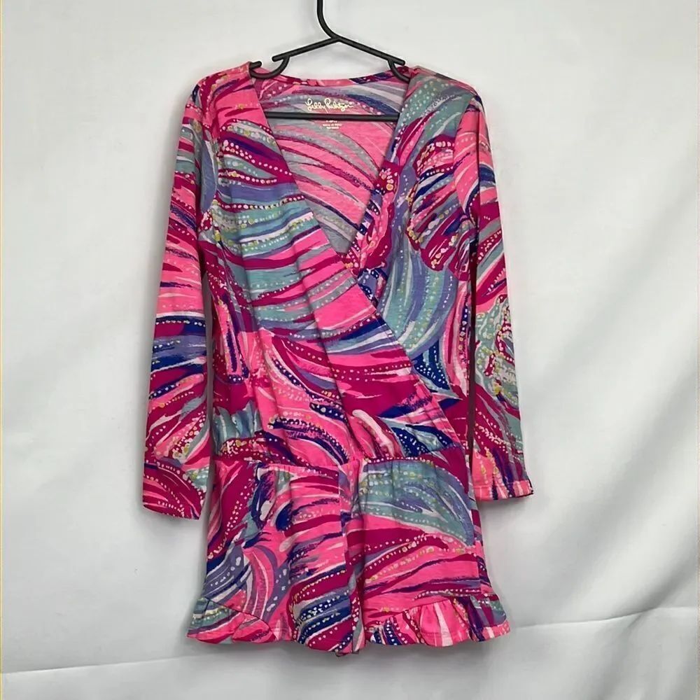 Lilly Pulitzer Pink wrap Front long sleeve romper EUC size 6/7